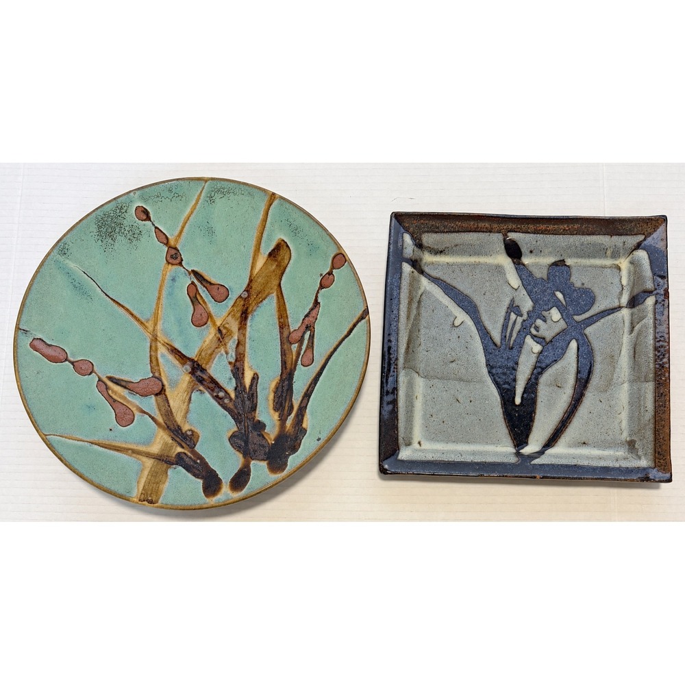 Studio Art Pottery Plates - 2pc Set -Teal Grey Abstract Botanical Stoneware Dish
